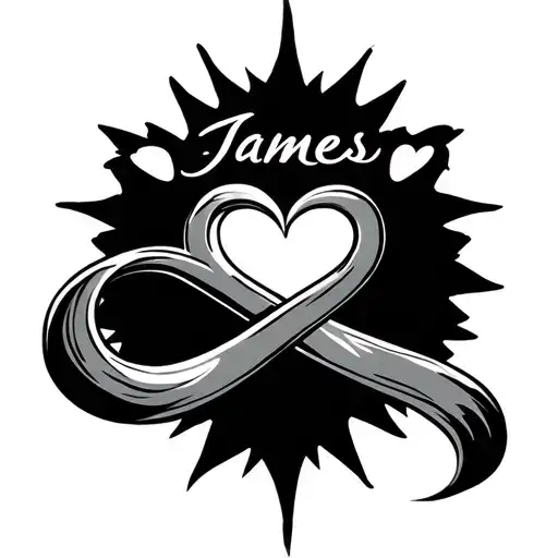 "James" infinity symbol and heart intertwined tattoo design idea