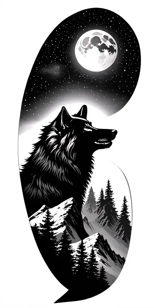 A majestic mountain landscape with a sky full of stars above, incorporating a silhouette of a wolf howling at the moon tattoo design idea