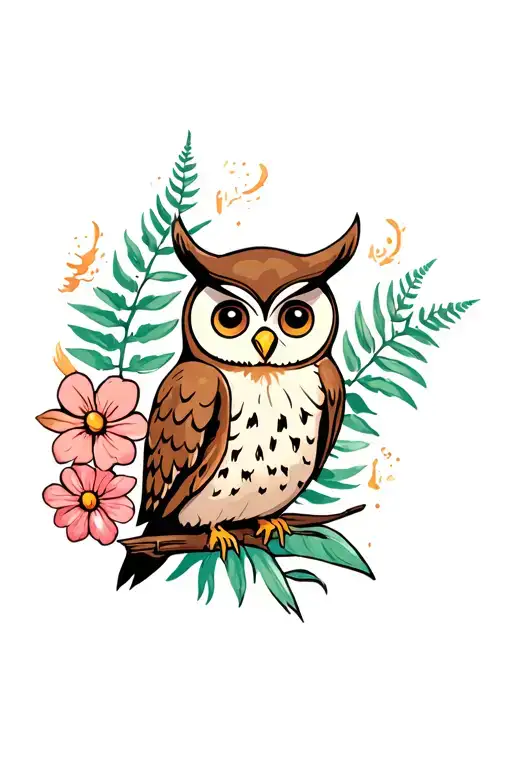 owl with dog wood flowers and ferns tattoo design idea