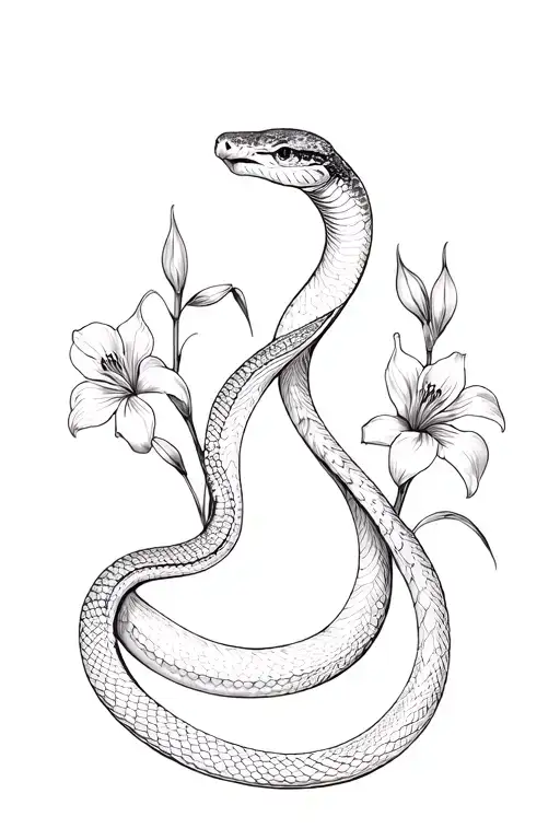I want there to be a snake about 10 cm long and 5 cm wide with iris flowers as motifs in the snake tattoo design idea
