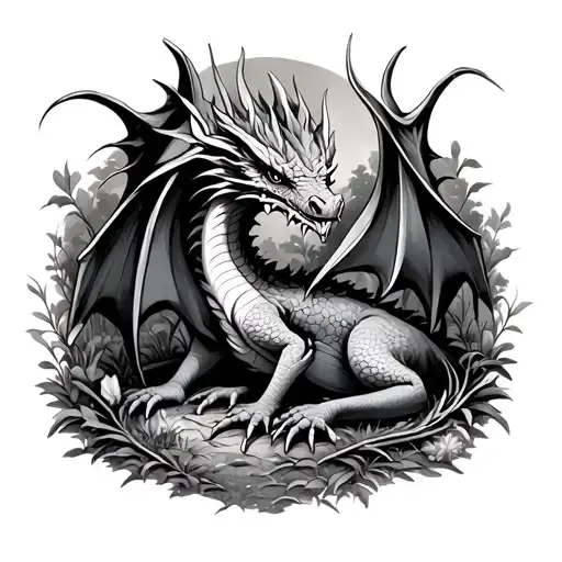 dragon resting in the woods surrounded by irises tattoo design idea