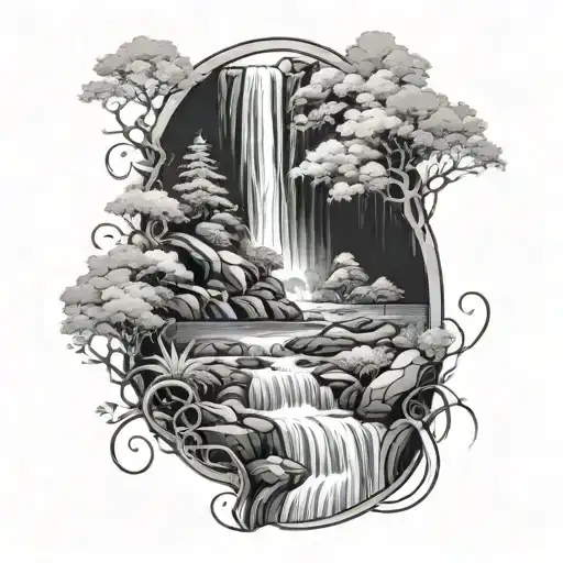 waterfall and meandering river tattoo design idea