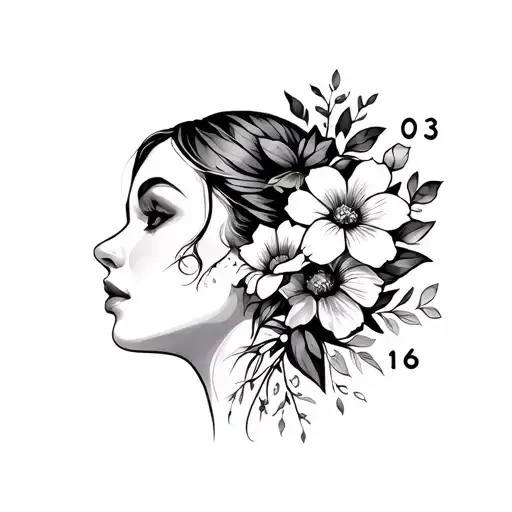 Face of a woman seen on the side, flowers and numbers 03, 13 and 16 tattoo design idea