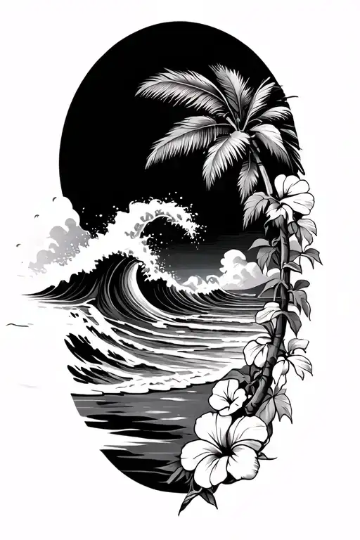 ocean waves on beach with palm and hibiscus vine on right tattoo design idea