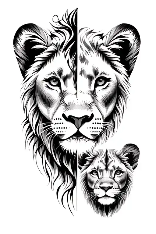 half female lion head, half two lion cubs heads tattoo design idea
