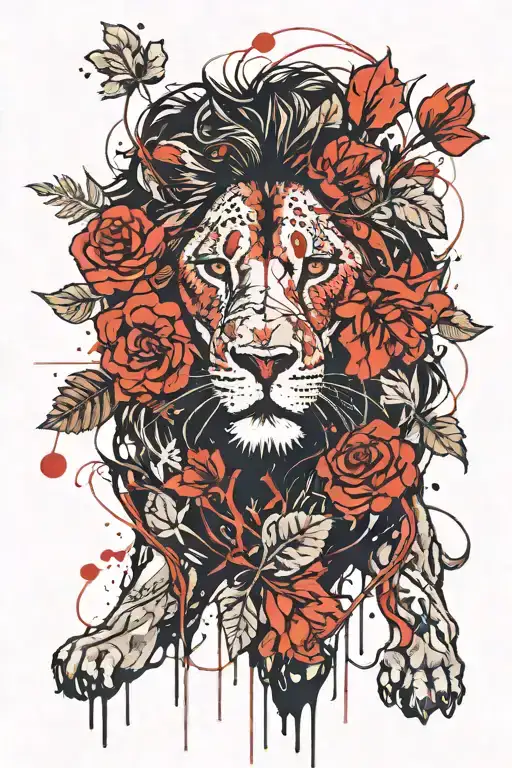lion with GERANIUMS and ruby eyes looking tattoo design idea