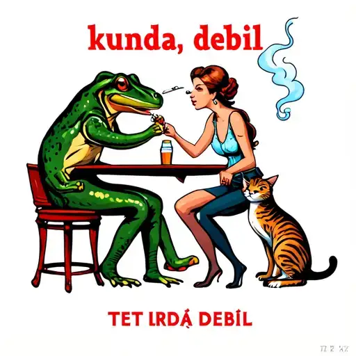 "kunda, debil" couple sitting in front of the empty bar located in Prague while frog beating up a cat, elephant smoking a cigarette tattoo design idea