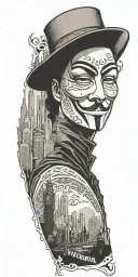 v for vendetta with city skyline tattoo design idea