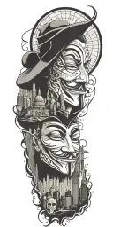 v for vendetta with city skyline tattoo design idea