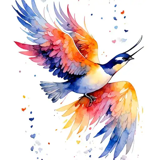 bouble angle wings, left wing falling feathers that gather below at top feathers turn birds flying, on right all intact  tattoo design idea