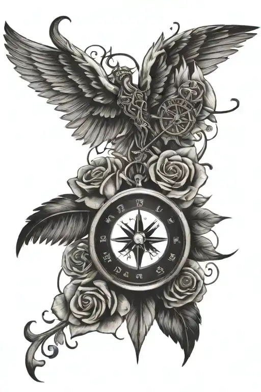 cross, wings, script, roses, compass tattoo design idea