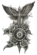 cross, wings, script, roses, compass tattoo design idea