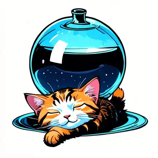 A cute cat sleeping on its back at the bottom of a spherical bottle that is like a potion tattoo design idea