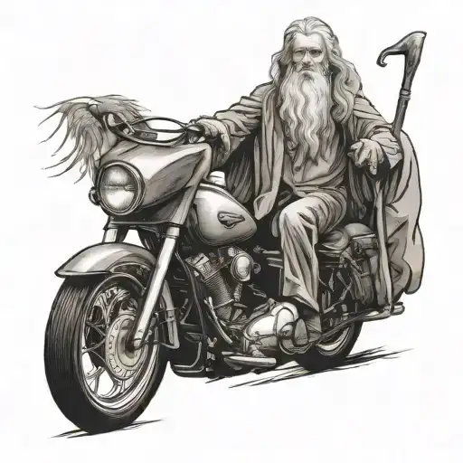 gandalf rides harley davidson motorcycle with his staff  tattoo design idea
