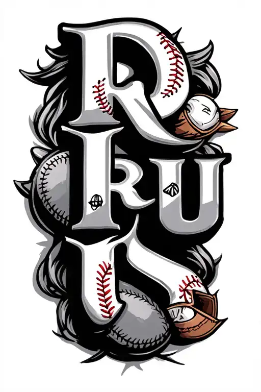 The word 'Rufus' with the letters being items from baseball and horse racing tattoo design idea