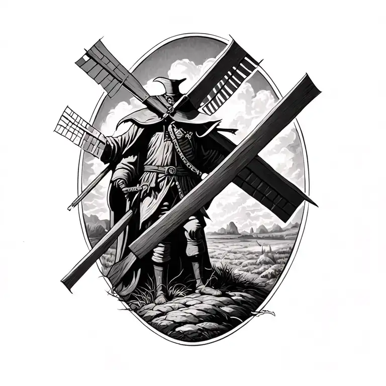 Don Quixote tilting at windmills tattoo design idea