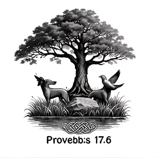 "Proverbs 17:6" Standing Greyhound, little rock and dove under oak tree. Grass surrounded by water at base. Celtic knot border around tattoo design idea
