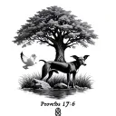 "Proverbs 17:6" Standing Greyhound, little rock and dove under oak tree. Grass surrounded by water at base. Celtic knot border around tattoo design idea