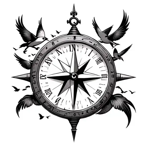 compass anchor birds flying away time clock tattoo design idea