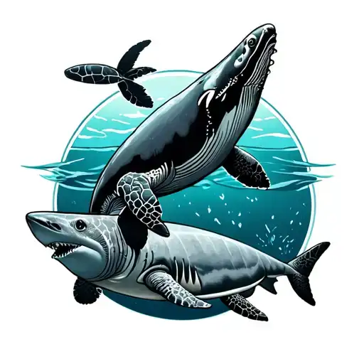 humpback whale outline , sea turtle outline and a  shark outline tattoo design idea