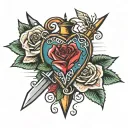 A bold traditional American tattoo design featuring a heart pierced by a dagger, surrounded by a vibrant rose and a maje tattoo design idea