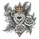 A bold traditional American tattoo design featuring a heart pierced by a dagger, surrounded by a vibrant rose and a maje tattoo design idea