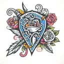 A bold traditional American tattoo design featuring a heart pierced by a dagger, surrounded by a vibrant rose and a maje tattoo design idea