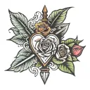 A bold traditional American tattoo design featuring a heart pierced by a dagger, surrounded by a vibrant rose and a maje tattoo design idea