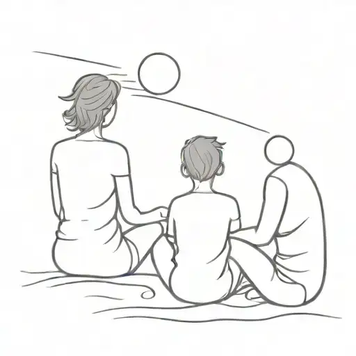 A boy, a mom and a dad sitting on the beach looking at the sunset tattoo design idea