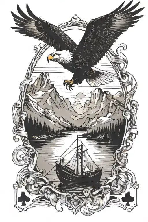 silhouette fishing in a fishing boat in the mountains, eagle soaring in the far distant, playing cards tattoo design idea