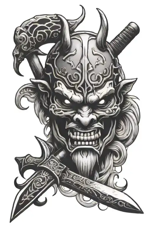 butcher knife and oni mask tattoo design idea