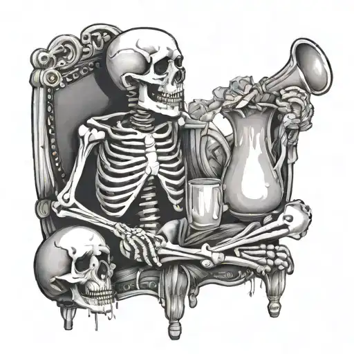 a sitting skeleton drinking from a jug with xxx on it tattoo design idea