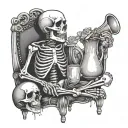 a sitting skeleton drinking from a jug with xxx on it tattoo design idea