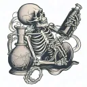 a sitting skeleton drinking from a jug with xxx on it tattoo design idea