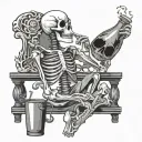 a sitting skeleton drinking from a jug with xxx on it tattoo design idea