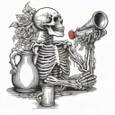 a sitting skeleton drinking from a jug with xxx on it tattoo design idea