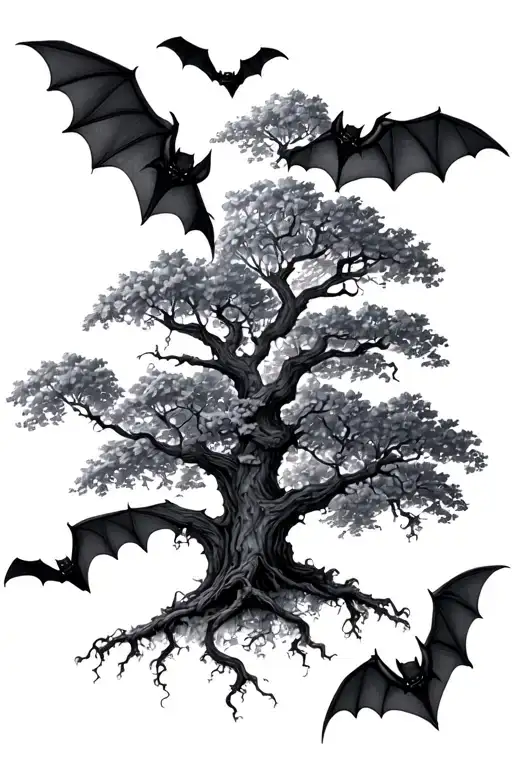 multiple small bats with poison tree growing tattoo design idea