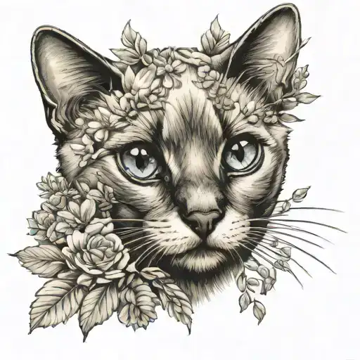 Siamese cat with branches of leaves and flowers tattoo design idea
