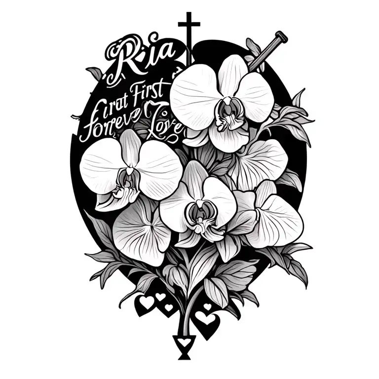 "Ria First forever love" orchids , crosses, love heart R I P tattoo design idea