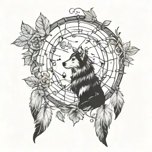dreamcatcher with wolf with autumn leaves and moon side by wolf face tattoo design idea