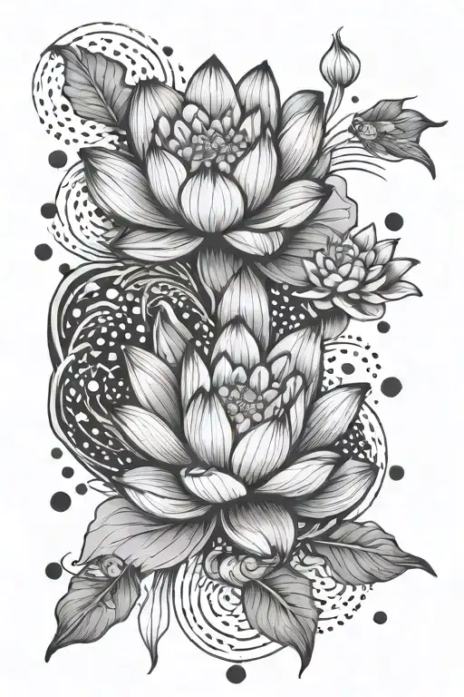 lotus flower surrounded by Pisces fish swimming and dots tattoo design idea