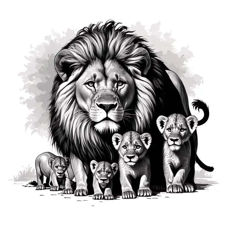 male lion standing over 4 cubs tattoo design idea