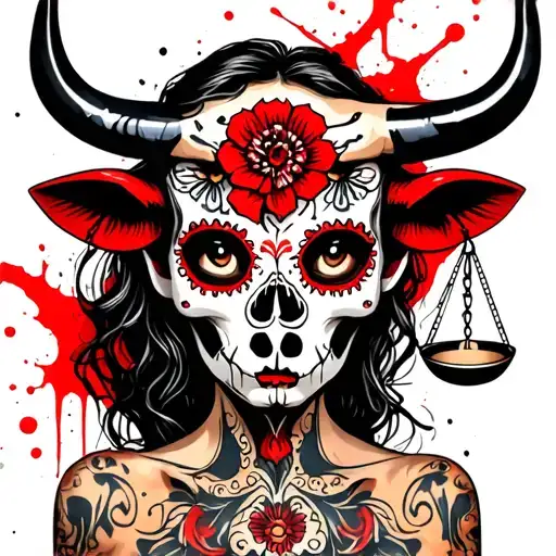 woman body bull with sugar skull markings, brown eyes and two Libra scales with extra dark background tattoo design idea