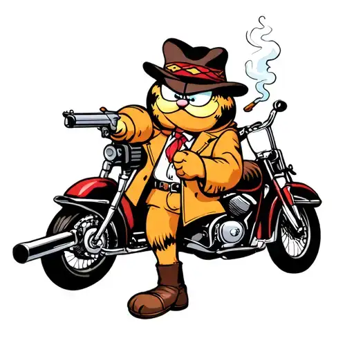 garfield wearing pimp coat and smoking a blunt with a gun and a hot chick and a motorcycle tattoo design idea