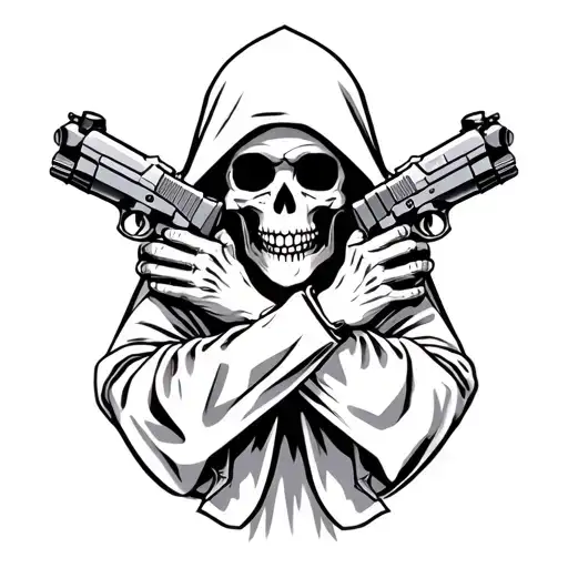 hooded skeleton holding two pistols with silencers in crossed hands in nun's clothes tattoo design idea
