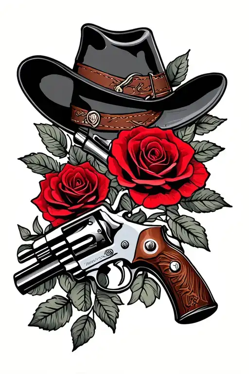 western leather style, with revolver and red rose tattoo design idea