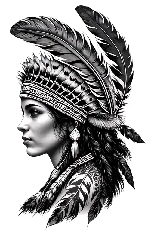 realistic side profile of native woman wearing feather headdress showing more face  tattoo design idea