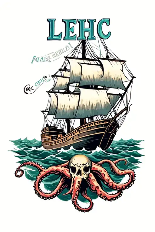 sinking ship with a Kraken underneath it with "LEHC" around the borders tattoo design idea