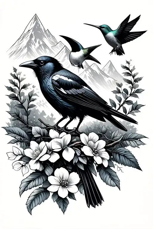 a raven, a finch, and a hummingbird, on branches and in flowers with some geometric patterns and a mountain scene  tattoo design idea