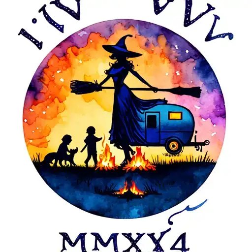 "IV V MMXIV" silhouette of busty sexy witch bride on broomstick over a campsite with a trailer and campfire with children & dog tattoo design idea